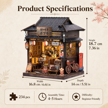 Product specifications diagram for a miniature Japanese-style tea house building kit, showing the assembled model with labeled dimensions for height, width, and depth, plus piece count and assembly time on a beige background.