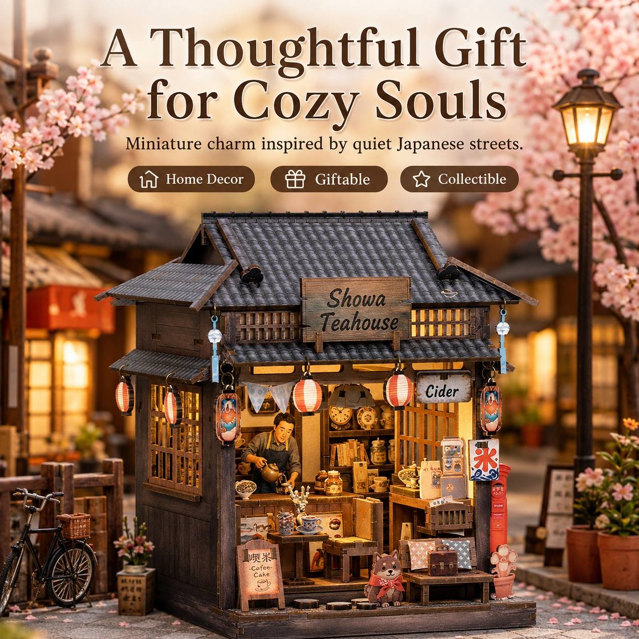 A miniature tea house model kit displayed in a cozy Japanese street scene. The dark wood structure features a detailed interior with shelves, lanterns, and miniature accessories, with cherry blossoms and a lit streetlamp in the background.