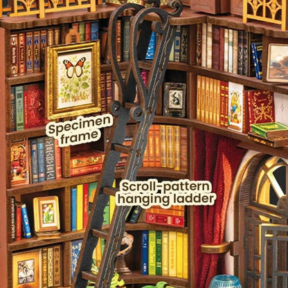Decorative ladder with 'scroll-pattern' design in a room with bookshelves and framed pictures.
