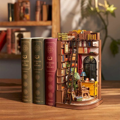 study-themed Miniature house with a bookshelf and furniture, resembling a cozy reading nook.