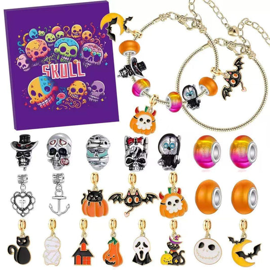 Collection of Halloween-themed charms and a purple advent calendar box with skull designs.