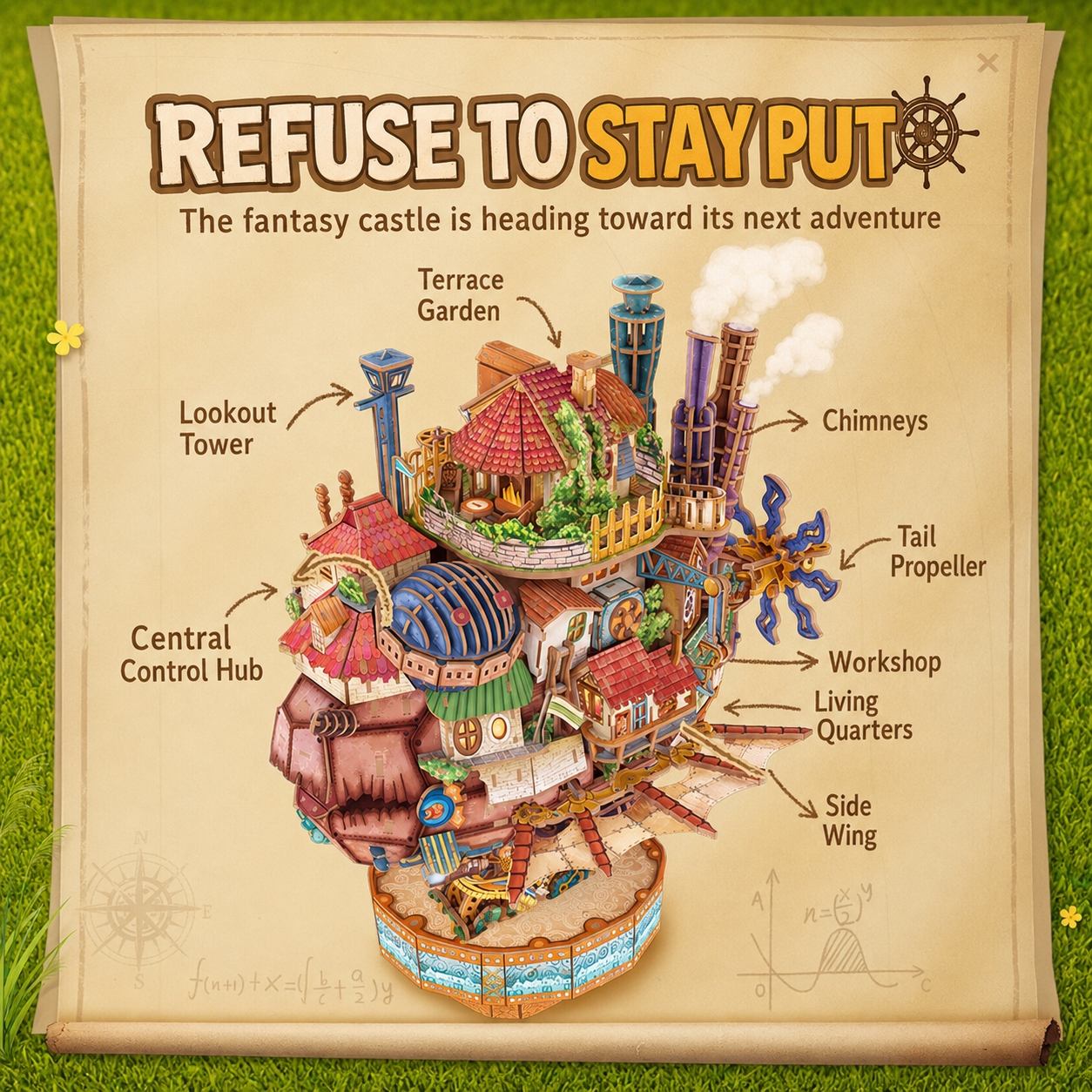 Fantasy castle illustration with labeled parts on a decorative paper background.
