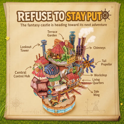 Fantasy castle illustration with labeled parts on a decorative paper background.