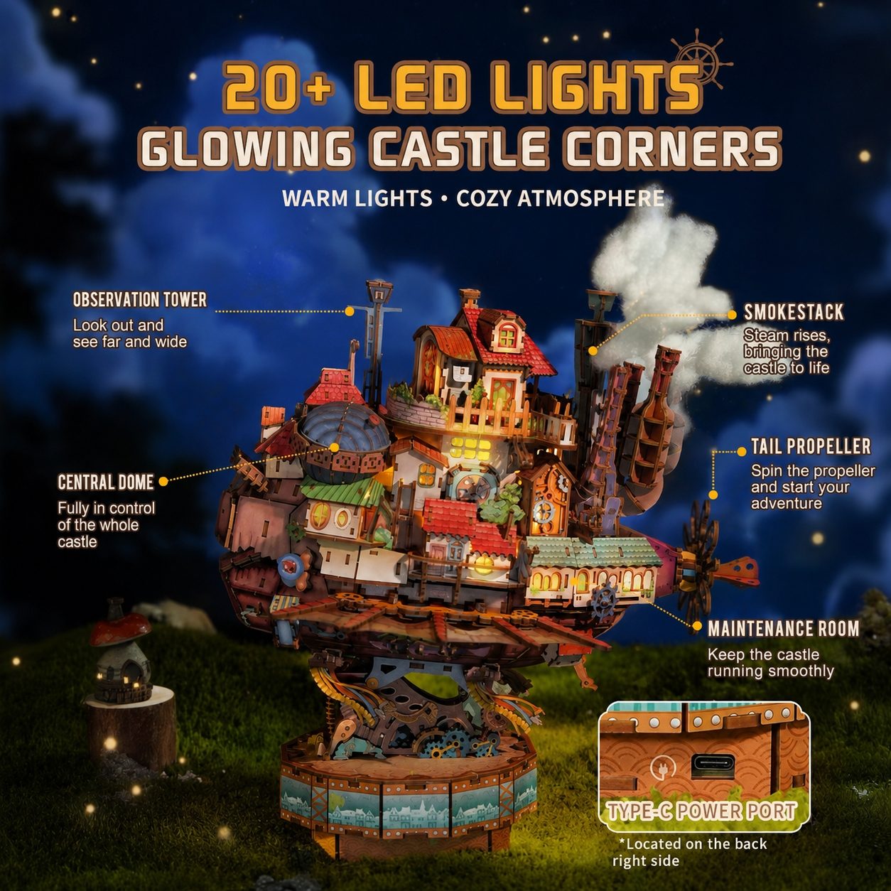 Glowing Ghibli-inspired castle with labeled features and LED light text against a night sky.
