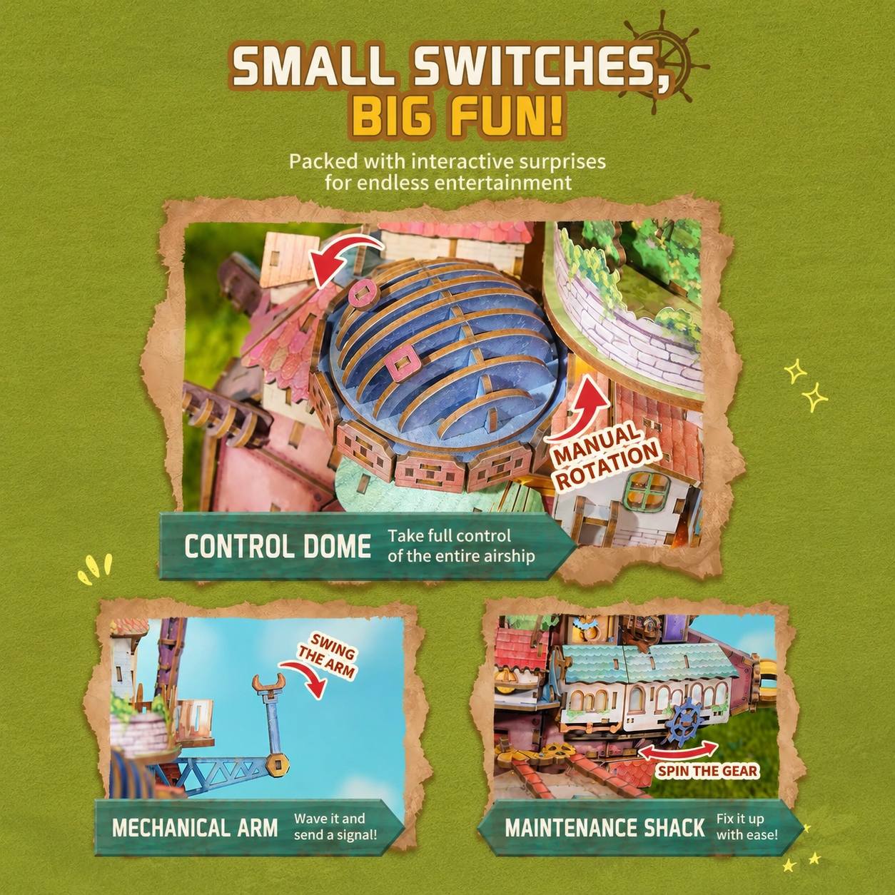 mechanisms with interactive features of an Skybound Village miniature model on a green background