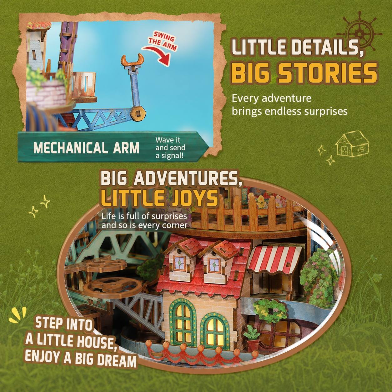 collage with a mechanical arm and house model Inspired by Howl’s Moving Castle on a green background, featuring text about adventures and surprises.