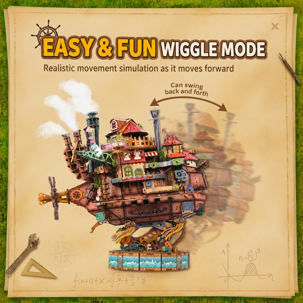 Ghibli-inspired ship miniature model with text about 'Easy & Fun Wiggle Mode' on a textured background