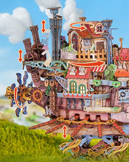 Detailed miniature model of a steampunk and Studio Ghibli style ship with various mechanical components against a blue sky.