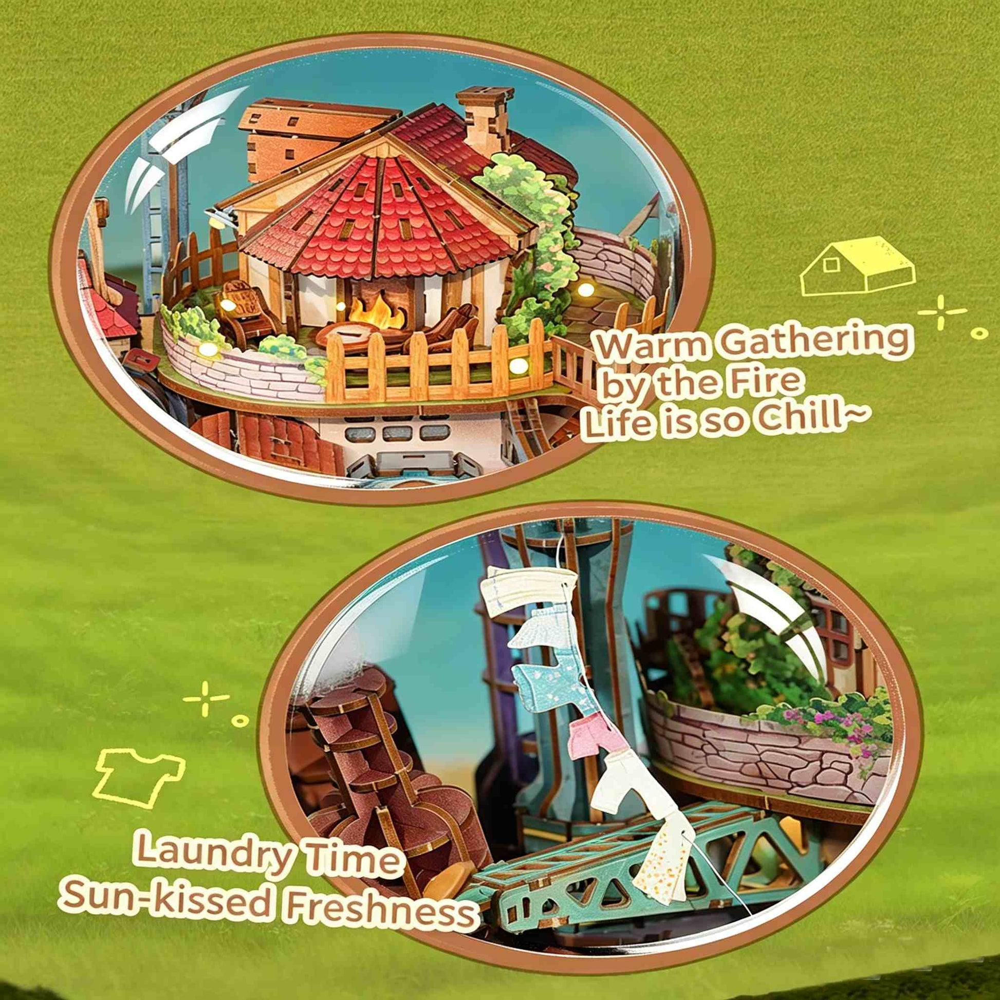 Illustration of a cozy Skybound Village miniature with a fireplace and laundry scene on a green background.