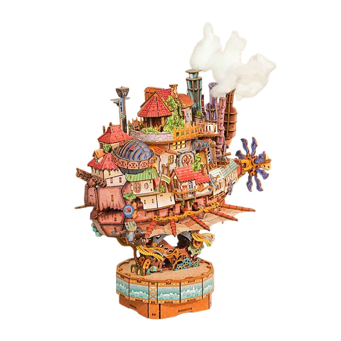 Howl’s Moving Castle inspired  Colorful model of a flying village with houses on a white background
