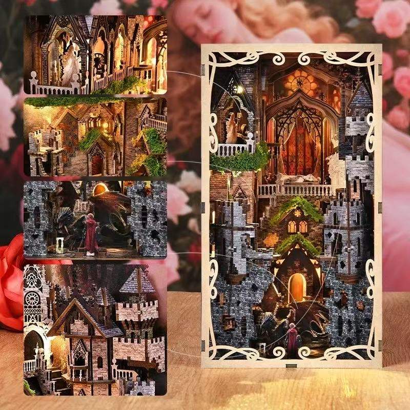 Detailed miniature diorama of a castle with various rooms and decorative elements, surrounded by pink flowers.