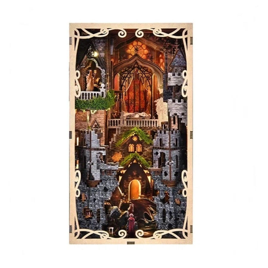 Assembled Sleeping Beauty Theme Wooden Book with castle and fairy design on a white background