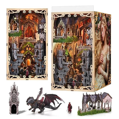 Gothic-style miniature diorama set with detailed buildings, a dragon, and figures in a wooden book nook