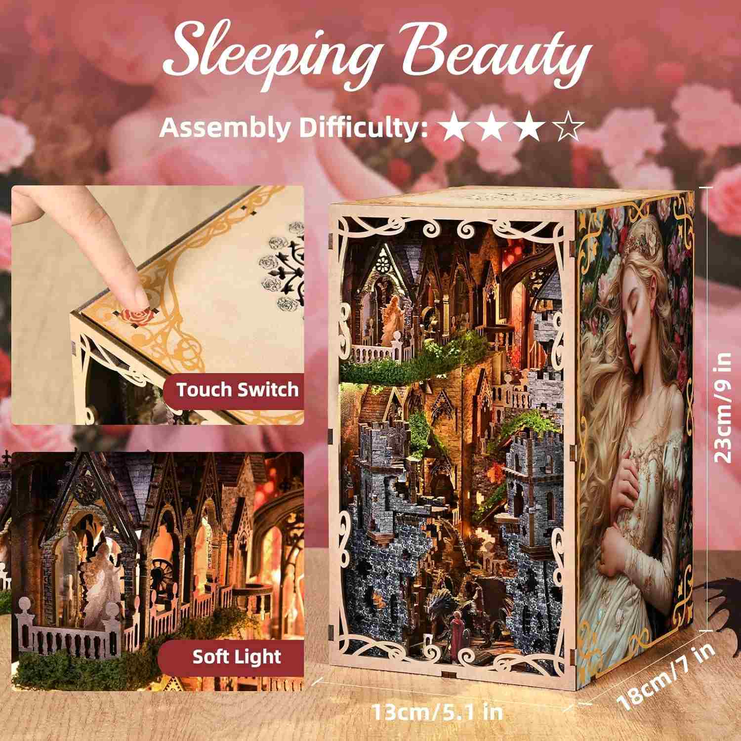 Sleeping Beauty themed 3D wooden puzzle with assembly difficulty, touch switch, and soft light features.