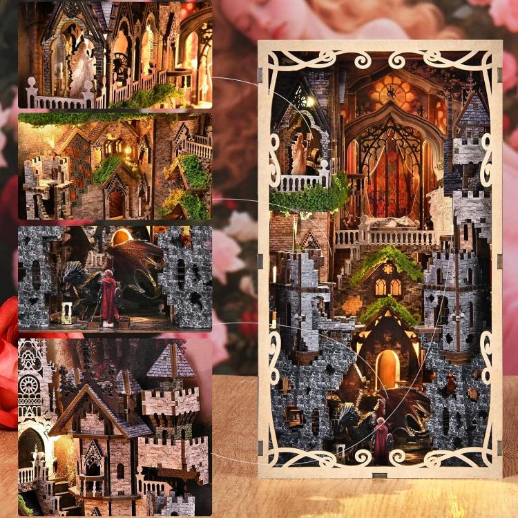 Collage of a detailed Diorama of a castle with various scenes and figures in wooden book nook case