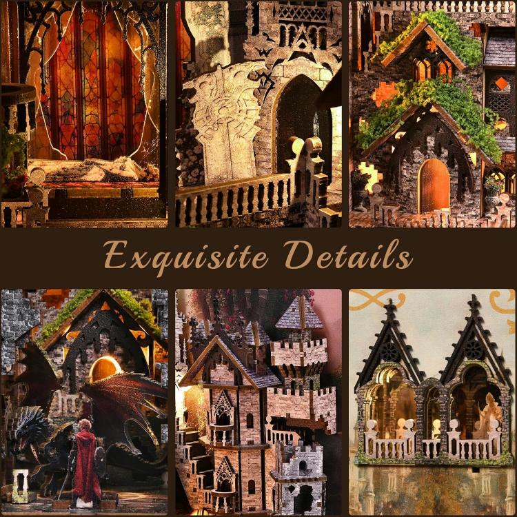 Collage of detailed miniature scenes of Sleeping Beauty Book Nook 