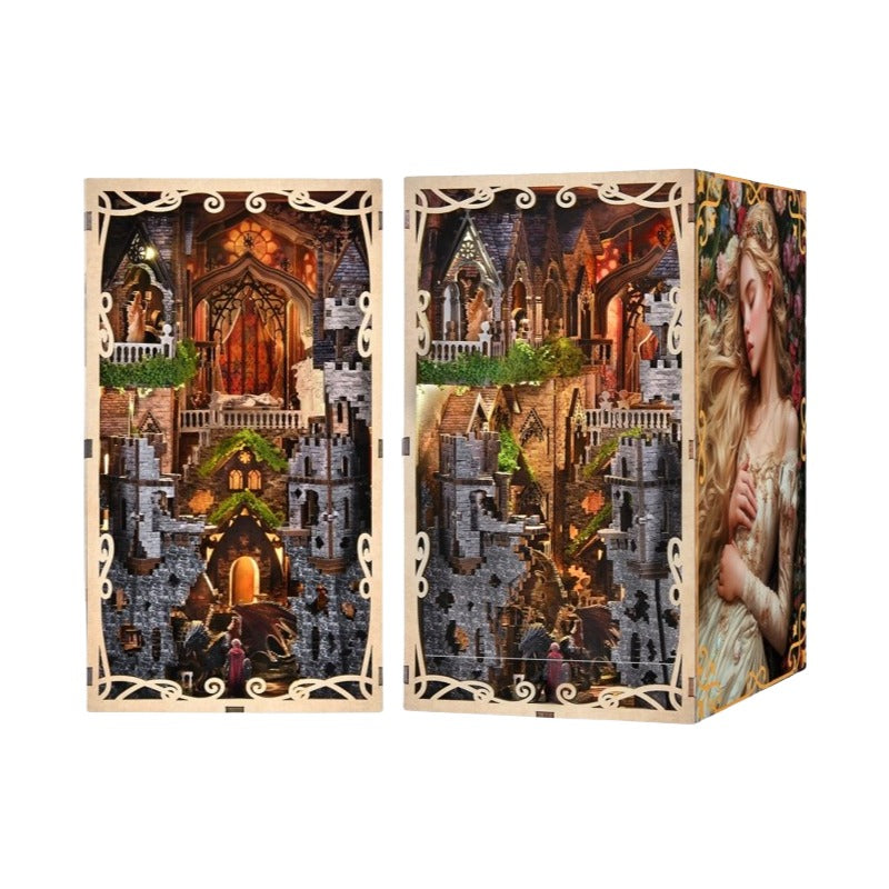 wooden book nook of Sleeping Beauty theme with castle and character design on a white background
