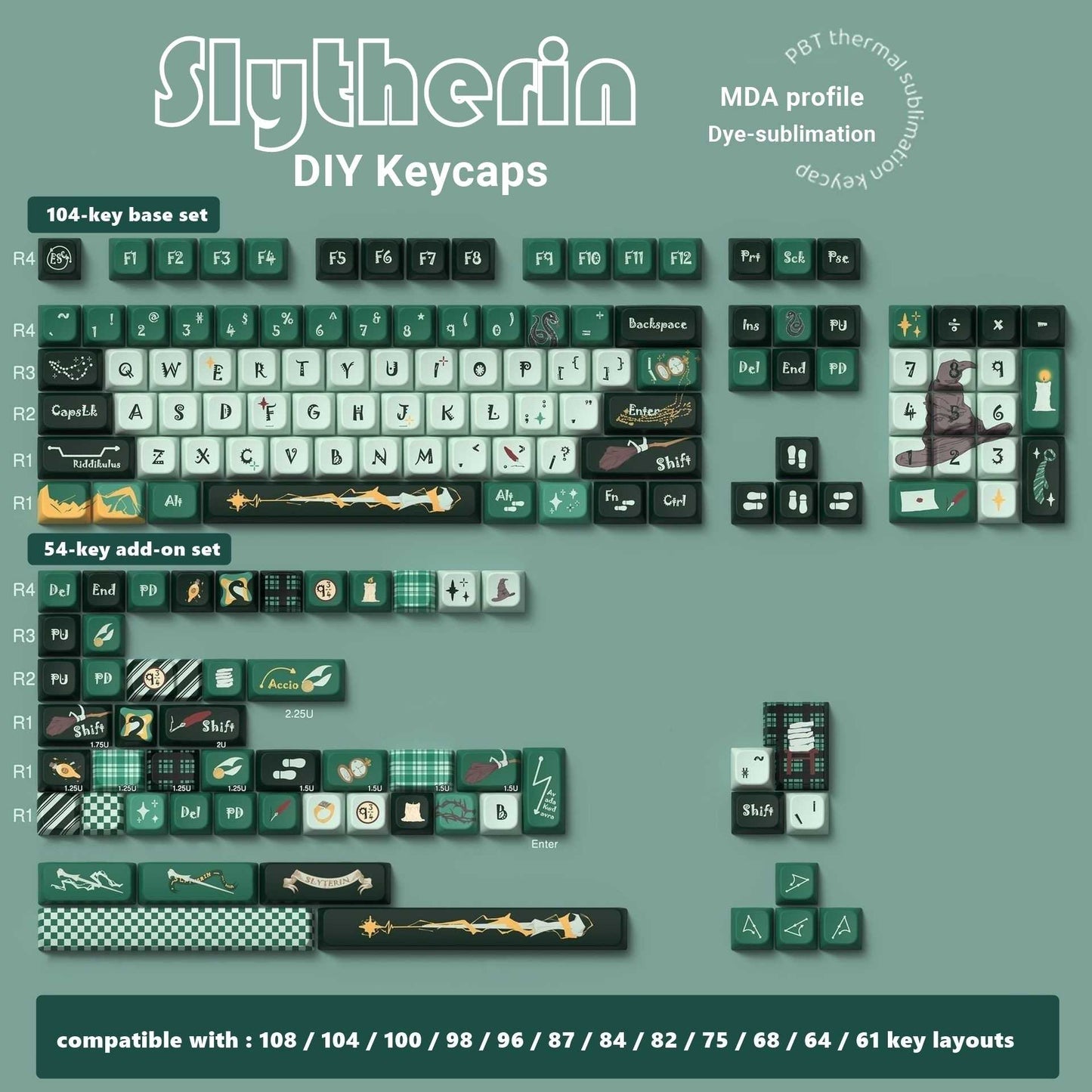 Slytherin DIY keycaps set with various keycaps and compatibility information on a green background