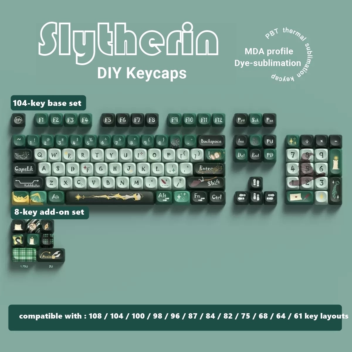 Slytherin DIY keycaps set with keyboard layout on a teal background