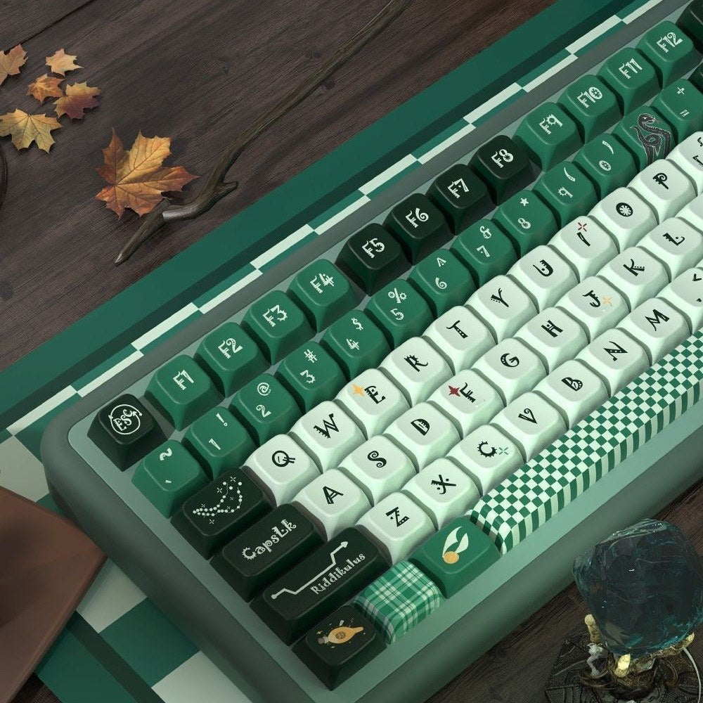 Close-up of a green and white keyboard Inspired by Slytherin in Harry Potter