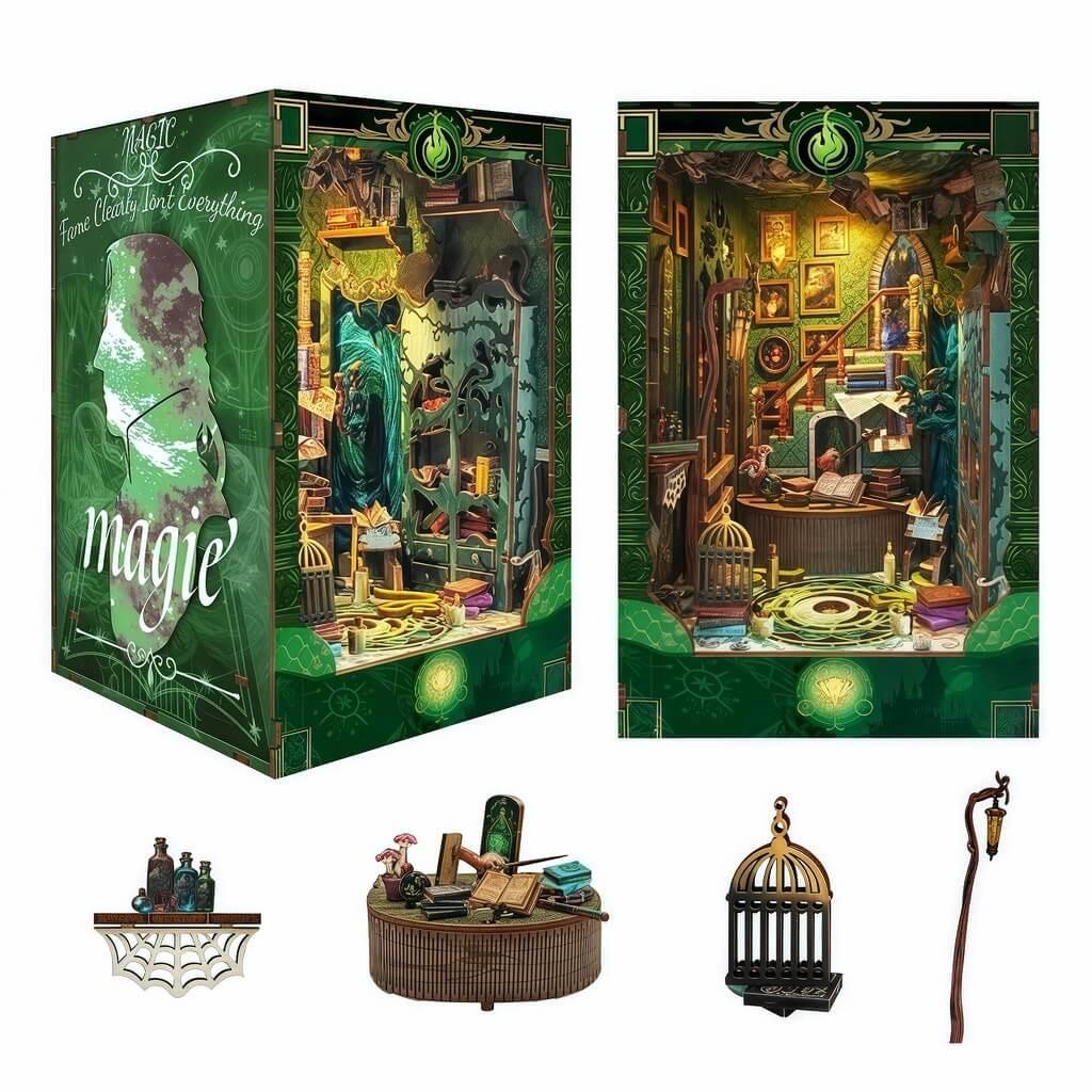 image displaying the different side of Snake House Book Nook with some miniature furniture