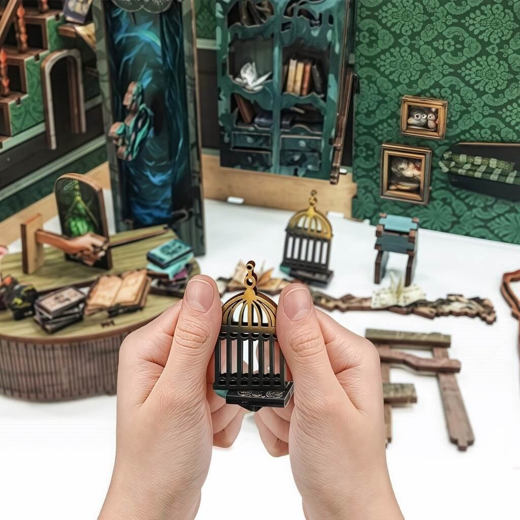 image displaying puzzles of Snake House DIY Book Nook are putting together