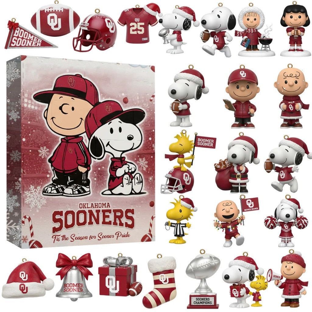 Collection of Oklahoma Sooners-themed mini figures ornaments and advent calendar box