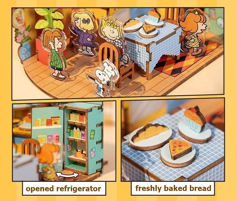Miniature diorama with characters inspired by "Peanuts" around a table, an opened refrigerator, and freshly baked bread.