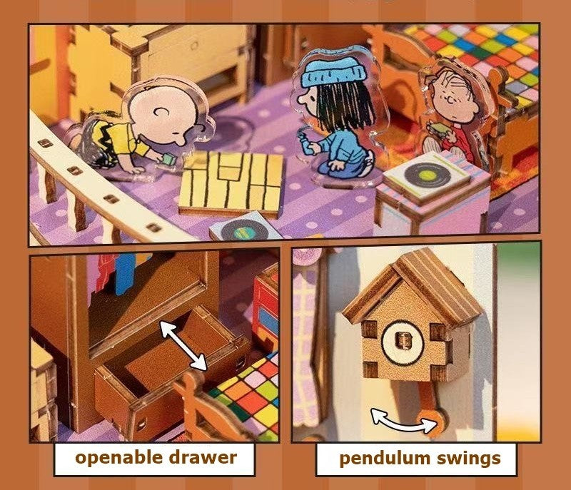 Miniature with characters and features labeled in a Book nook inspired by "Peanuts" 