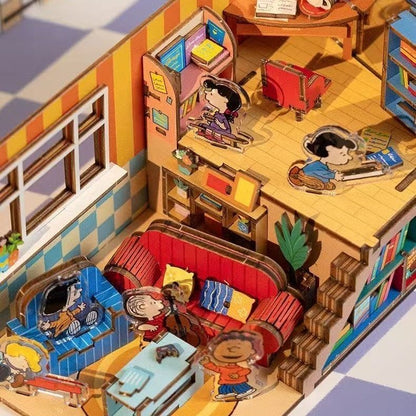 miniature model of a Snoopy's room with furniture and characters