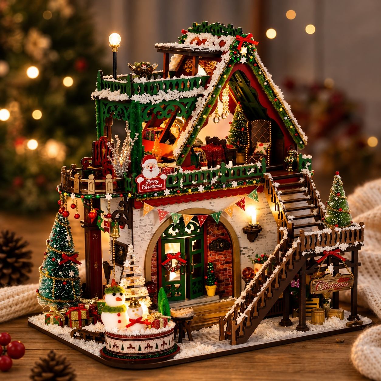 A detailed miniature Christmas house decoration with warm glowing lights, snow-dusted roofs, a staircase, small trees, ornaments, and festive details, displayed on a wooden surface with a softly blurred holiday background.