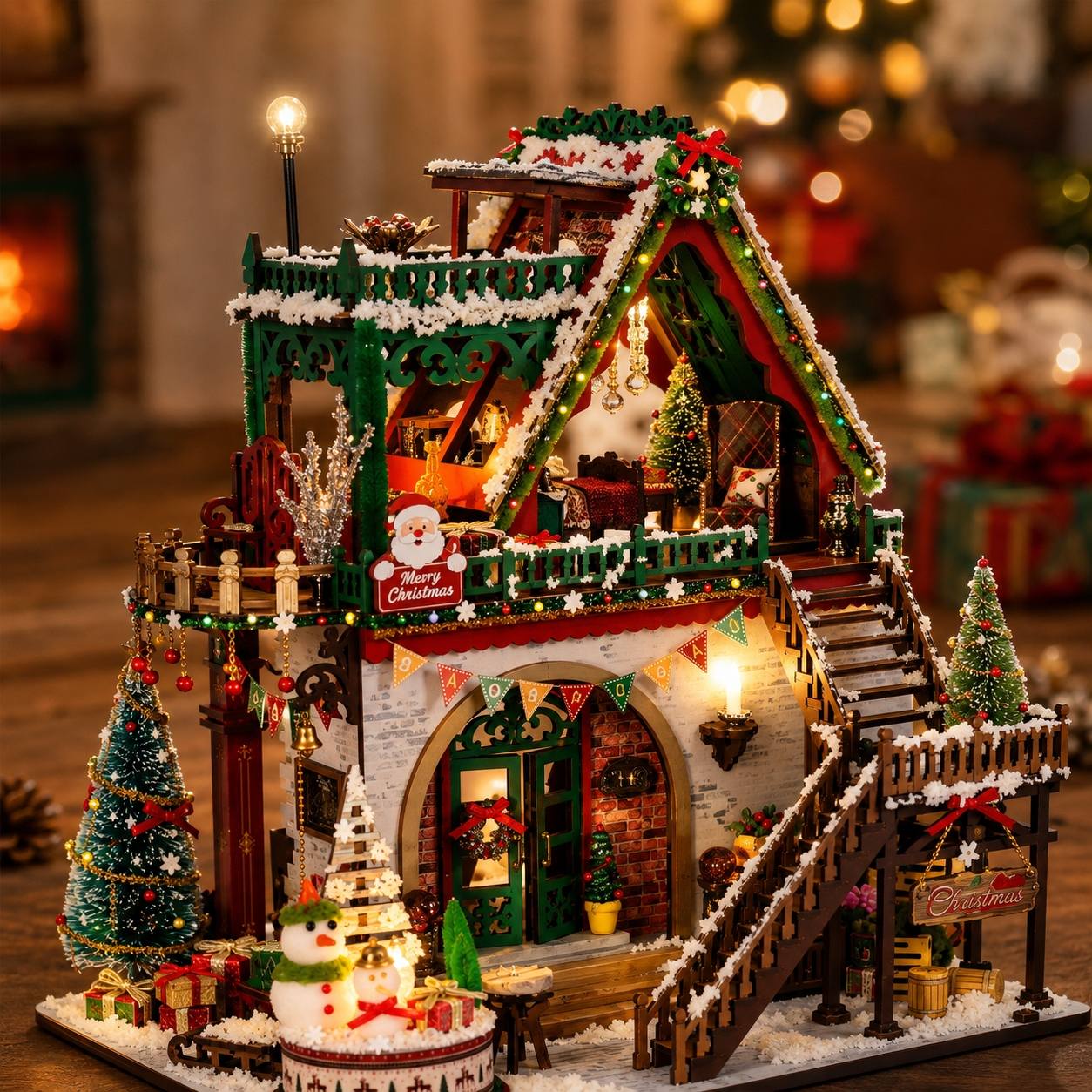 A detailed miniature Christmas house model with warm glowing lights, snow-covered roofs, a staircase, small trees, and festive decorations, photographed in a softly blurred holiday setting.