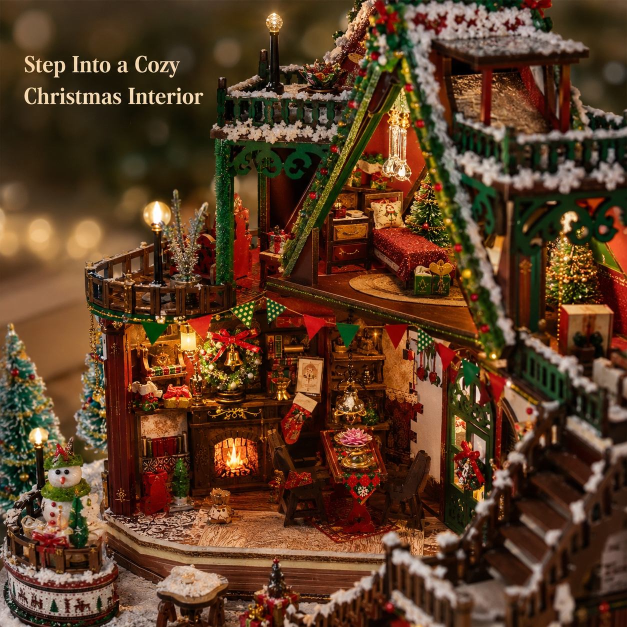 A detailed miniature Christmas village diorama with a cozy multi-level gingerbread house, warm glowing windows, snow-dusted roofs, small Christmas trees, stockings, and festive decorations. Text in the upper left reads 'Step Into a Cozy Christmas Interior'.