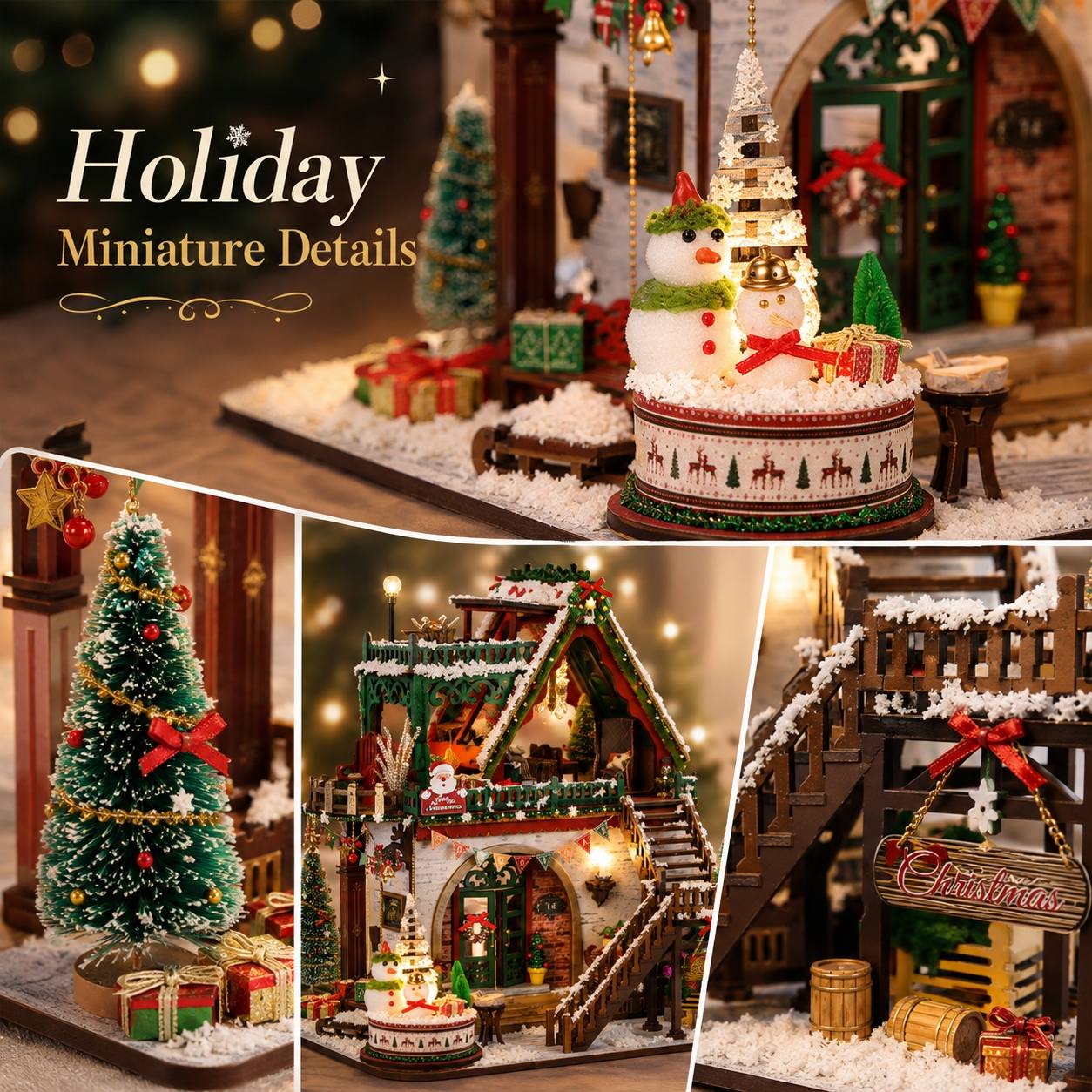 A collage showing a detailed miniature Christmas village set with a snowman ornament, decorated Christmas tree, gift boxes, and a small house with warm lights and a 'Christmas' sign.