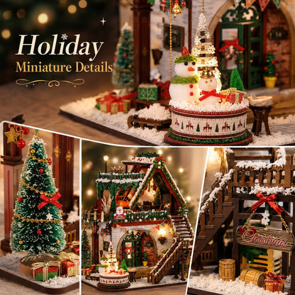 A collage showing a detailed miniature Christmas village set with a snowman ornament, decorated Christmas tree, gift boxes, and a small house with warm lights and a 'Christmas' sign.