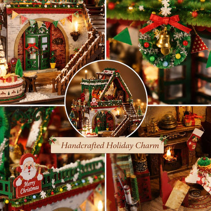 A collage of five close-up views showcasing a handcrafted miniature Christmas village set. The set includes a detailed gingerbread-style house with warm glowing windows, a decorated Christmas wreath with a gold bell, a Santa Claus 'Merry Christmas' sign, a cozy fireplace scene with stockings, and a snowy porch with a tree.