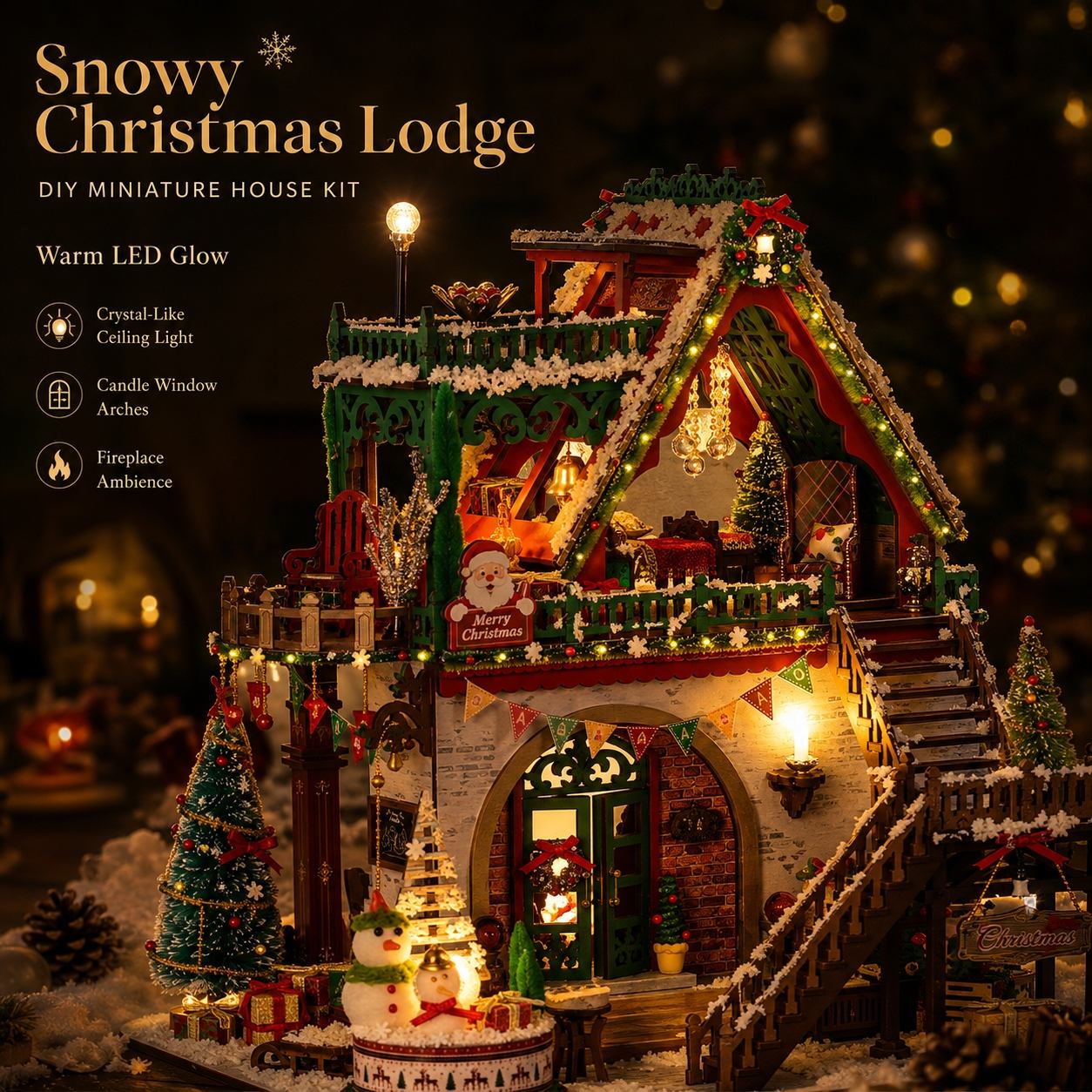 A festive DIY miniature house kit labeled 'Snowy Christmas Lodge' shown fully assembled with warm glowing lights, snow-covered details, Christmas trees, a fireplace, and holiday decorations against a dark blurred background.
