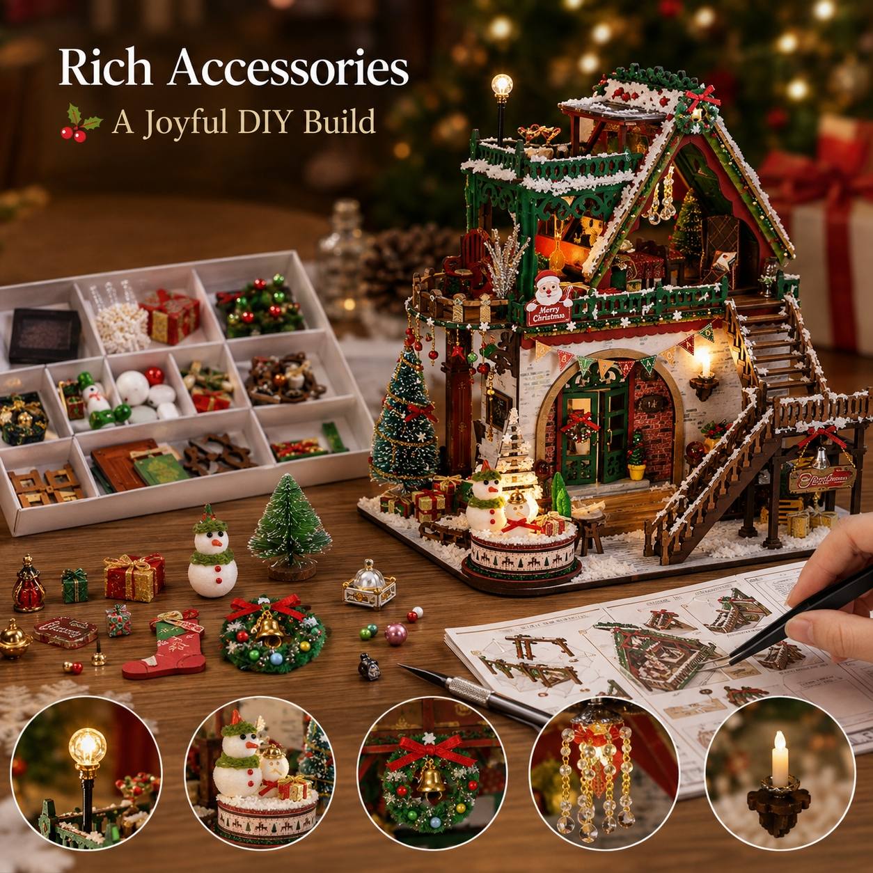 A Christmas house DIY kit displayed on a wooden table with its accessory box, loose ornaments, and printed instructions. A hand is shown assembling the kit, and four circular inset images at the bottom highlight different light-up features of the finished house.