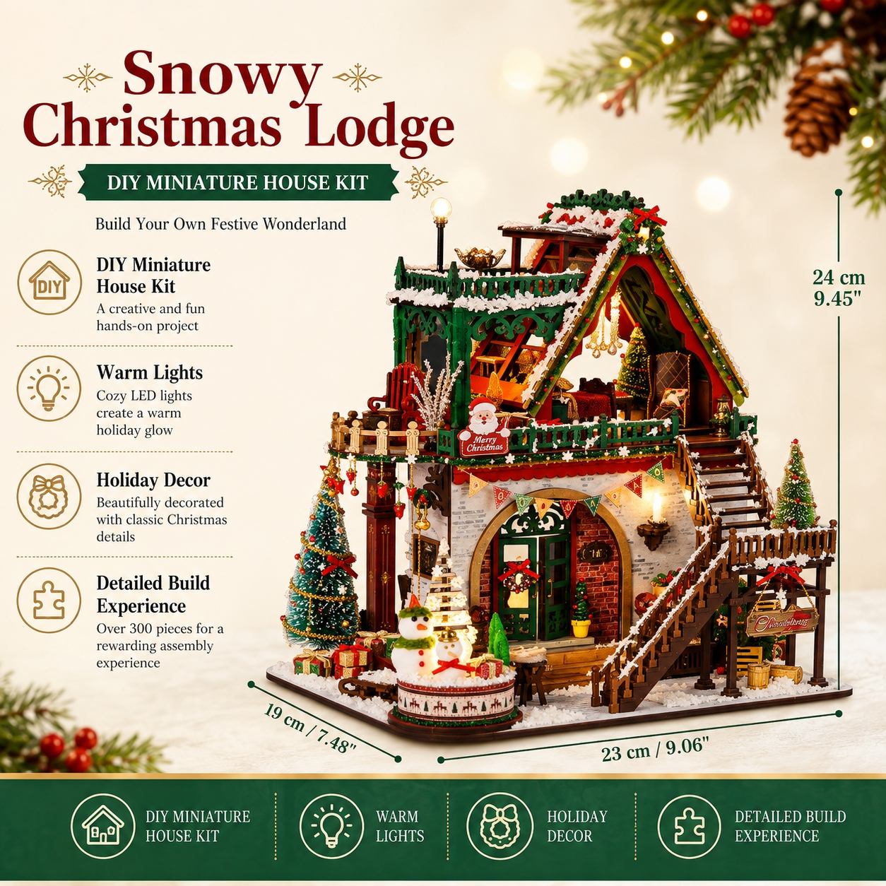 Snowy Christmas Lodge DIY miniature house kit shown assembled on a decorated holiday scene background. The product is a detailed Christmas cottage with warm lights, ornaments, trees, and a snowy roof, with dimension labels (24 cm, 10 cm, 23 cm) and marketing text.