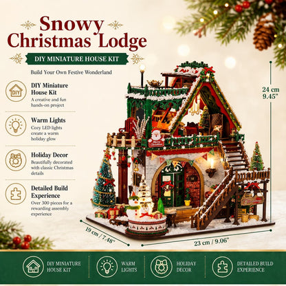 Snowy Christmas Lodge DIY miniature house kit shown assembled on a decorated holiday scene background. The product is a detailed Christmas cottage with warm lights, ornaments, trees, and a snowy roof, with dimension labels (24 cm, 10 cm, 23 cm) and marketing text.