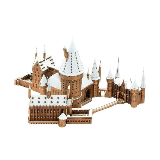 image displaying different angle views of the finished assembling Snowy Hogwarts 3D metal puzzles