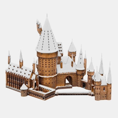 image displaying different angle views of the finished assembling Snowy Hogwarts 3D metal puzzles