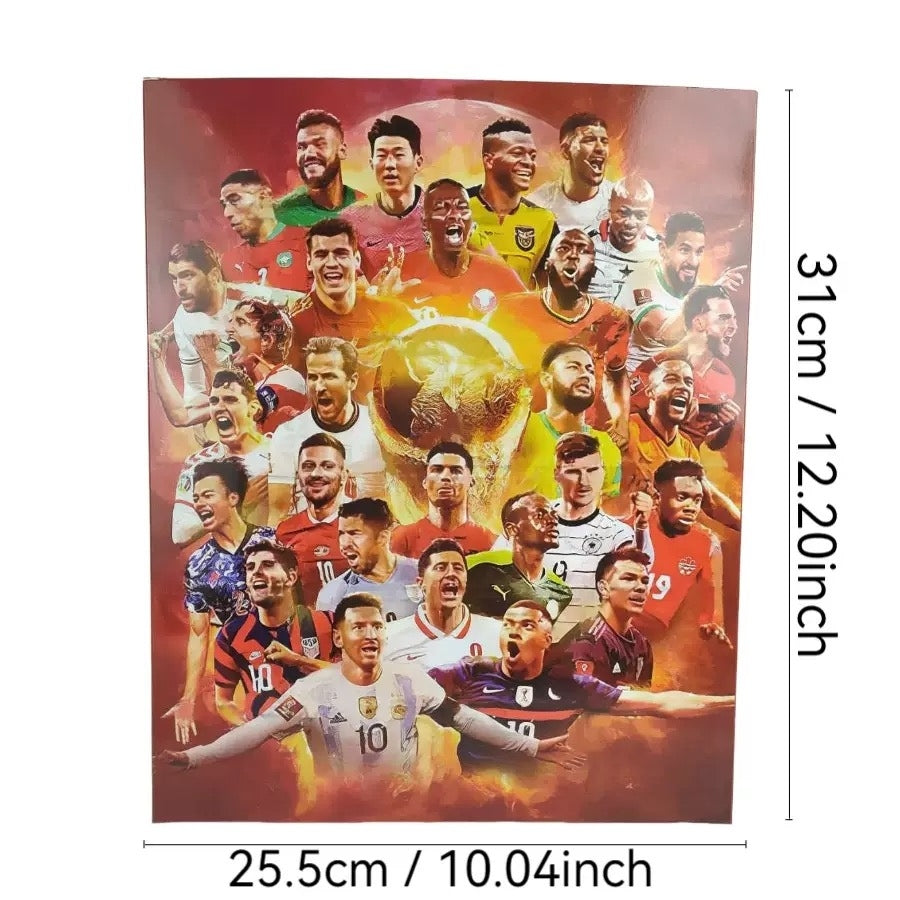 Collage of soccer players theme advent calendar box with dimensions displayed