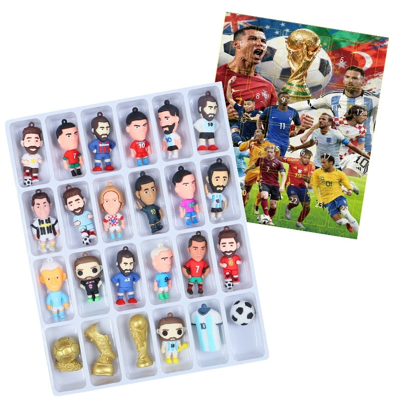 Collection of soccer-themed figurines in a world cup theme advent calendar box
