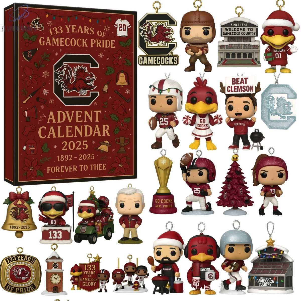 Gamecock Pride Advent calendar with collectible figurines and decorations, featuring a prominent 'C' logo.