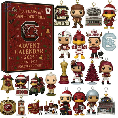 Gamecock Pride Advent calendar with collectible figurines and decorations, featuring a prominent 'C' logo.