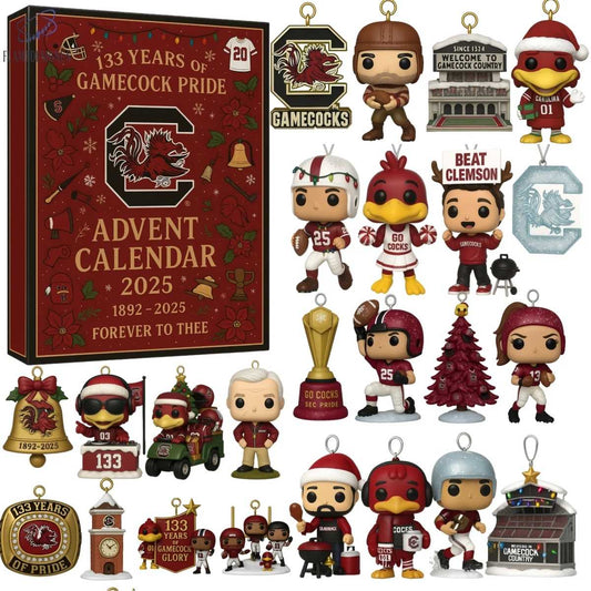 Gamecock Pride Advent calendar with collectible figurines and decorations, featuring a prominent 'C' logo.