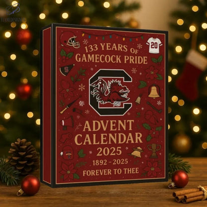 Advent calendar for Gamecock Pride with festive decorations on a Christmas-themed background