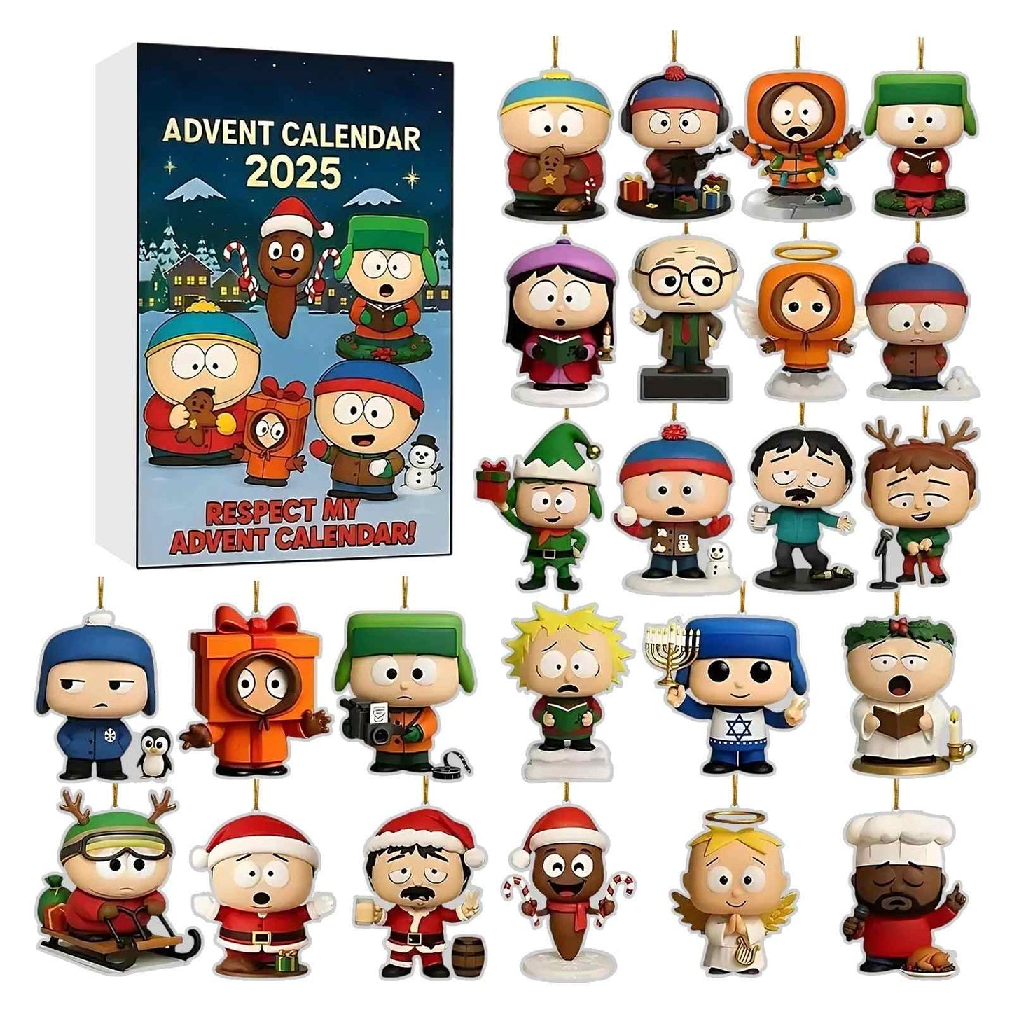 Advent calendar with South Park character figurines and a 2025 calendar on the left.