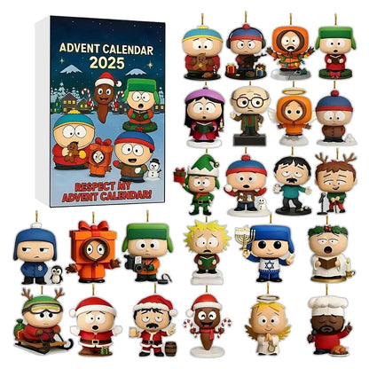 Advent calendar with South Park character figurines and a 2025 calendar on the left.